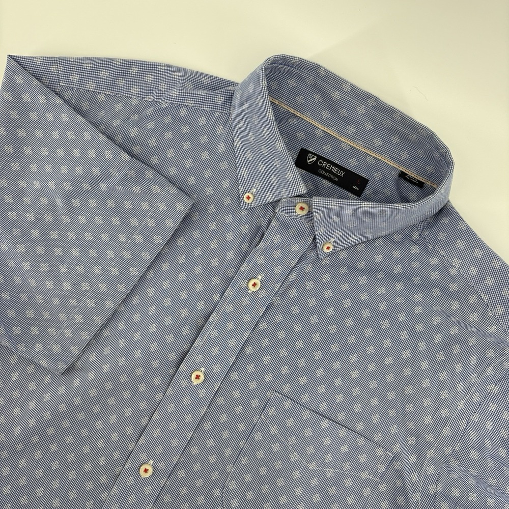 Cremieux Collection Mens L Blue Button Down Short Sleeve White Flower Design